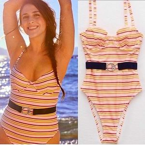 NWT Aerie Belted High Cut Cheekier One Piece Swimsuit M Striped Retro Underwire